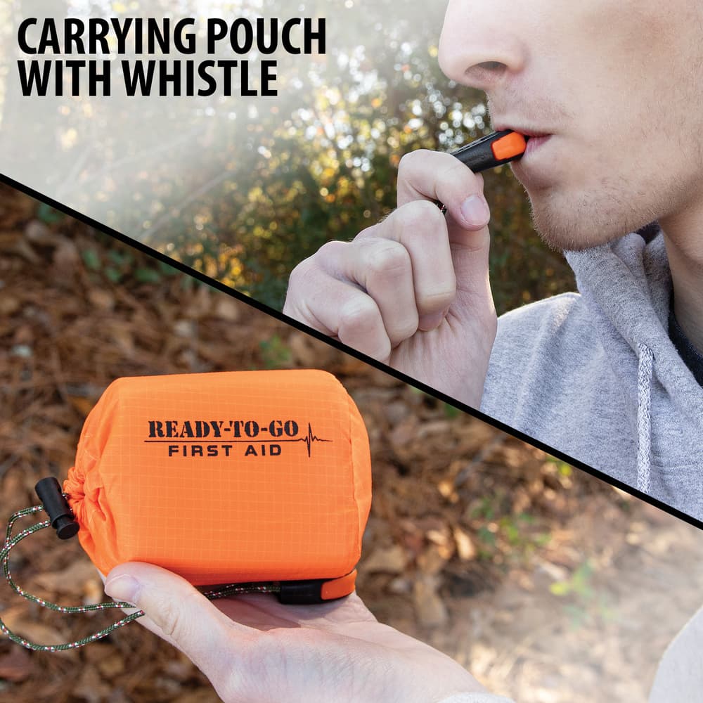 Full image showing the carrying pouch and whistle that comes with the Orange Emergency Sleeping Bag. image number 1